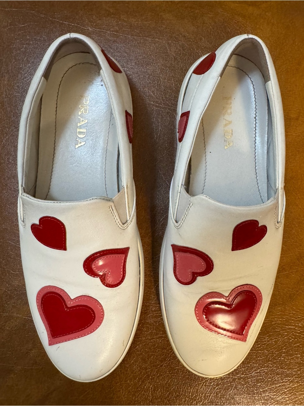 Prada White Leather Mules with Red Heart Appliqués